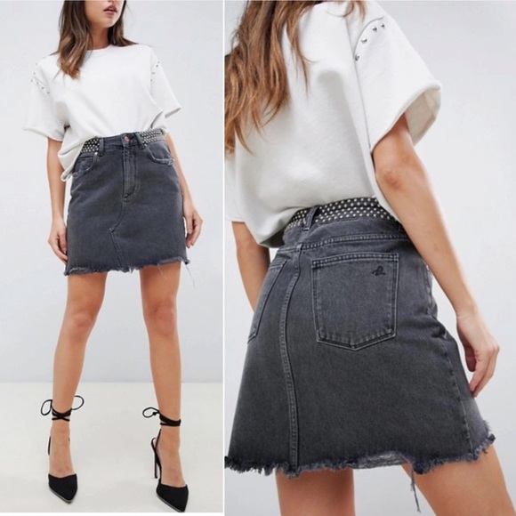 DL1961 Georgia Gray High Rise Wilder Studded Distressed Mini Denim Jean Skirt - Picture 13 of 14